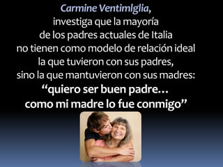 Carmine Ventimlglia, 
investiga que la mayoría 
de los padres actuales de Italia 
no tienen como modelo de relación ideal 
la que tuvieron con sus padres, 
sino la que mantuvieron con sus madres: 
“quiero ser buen padre… 
como mi madre lo fue conmigo” 
 