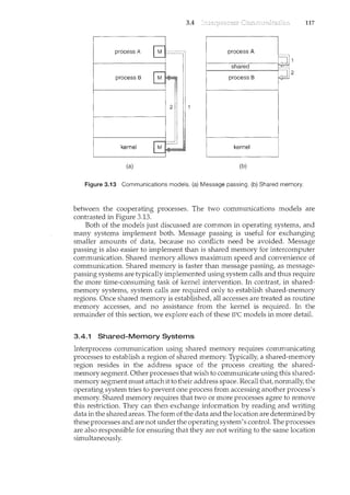 3.4 117
process A process A
2
2
kernel
(a) (b)
Figure 3.13 Communications models. (a) Message passing. (b) Shared memory.
between the cooperating processes. The two communications models are
conh·asted in Figure 3.13.
Both of the models just discussed are common in operating systems, and
many systems implement both. Message passing is useful for exchanging
smaller ammmts of data, because no conflicts need be avoided. Message
passing is also easier to implement than is shared memory for intercomputer
communication. Shared memory allows maximum speed and convenience of
communication. Shared memory is faster than message passing, as message-
passing system.s are typically implemented using system calls and thus require
the more time-consuming task of kernel irttervention. In contrast, in shared-
memory systems, system calls are required only to establish shared-memory
regions. Once shared memory is established, all accesses are treated as routine
memory accesses, and no assistance from the kernel is required. In the
ren1.ainder of this section, we explore each of these IPC models in more detail.
3.4.1 Shared-Memory Systems
Interprocess communication using shared memory requires communicating
processes to establish a region of shared memory. Typically, a shared-memory
region resides in the address space of the process creating the shared-
memory segment. Other processes that wish to communicate using this shared-
memory segment must attach it to their address space. Recall that, normally, the
operating system tries to prevent one process from accessing another process's
memory. Shared memory requires that two or more processes agree to remove
this restriction. They can then excbange information by reading and writing
data in the shared areas. The form of the data and the location are determined by
these processes and are not under the operating system's control. The processes
are also responsible for ensuring that they are not writing to the same location
simultaneously.
 