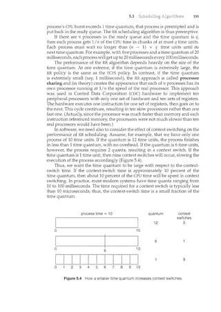 5.3 195
process's CPU burst exceeds 1 time quantum, that process is preempted and is
p11t back in the ready queue. The RR scheduling algorithm is thus preemptive.
If there are n. processes in the ready queue and the time quantum is q,
then each process gets 1In of the CPU time in chunks of at most q time units.
Each process must wait no longer than (11 - 1) x q time units until its
next time quantum. For example, with five processes and a time quantum of 20
milliseconds, each process will get up to 20 milliseconds every 100 milliseconds.
The performance of the RR algorithm depends heavily on the size of the
time quantum. At one extreme, if the time quantum is extremely large, the
RR policy is the same as the FCFS policy. In contrast, if the time quantum
is extremely small (say, 1 millisecond), the RR approach is called processor
sharing and (in theory) creates the appearance that each of 11 processes has its
own processor running at 1I 11 the speed of the real processor. This approach
was used in Control Data Corporation (CDC) hardware to implement ten
peripheral processors with only one set of hardware and ten sets of registers.
The hardware executes one instruction for one set of registers, then goes on to
the next. This cycle continues, resulting in ten slow processors rather than one
fast one. (Actually, since the processor was much faster than memory and each
instruction referenced memory, the processors were not much slower than ten
real processors would have been.)
In software, we need also to consider the effect of context switching on the
performance of RR scheduling. Assume, for example, that we have only one
process of 10 time units. If the quantum is 12 time units, the process finishes
in. less than 1 time quantum, with no overhead. If the quantum is 6 time units,
however, the process requires 2 quanta, resulting in a context switch. If the
time quantum is 1 time unit, then nine context switches will occur, slowing the
execution of the process accordingly (Figure 5.4).
Thus, we want the time quantum to be large with respect to the context-
switch time. If the context-switch time is approximately 10 percent of the
time quantum, then about 10 percent of the CPU time will be spent in context
switching. In practice, most modern systems have time quanta ranging from
10 to 100 milliseconds. The time required for a context switch is typically less
than 10 microseconds; thus, the context-switch time is a small fraction of the
time quantum.
process time = 10 quantum context
switches
12 0
0 10
6
0 6 10
r.r >r-.·... r •.·r.•.·-···.r· r-···-lr·-··-r··•··r 9
0 2 3 4 5 6 7 8 9 10
Figure 5.4 How a smaller time quantum increases context switches.
 