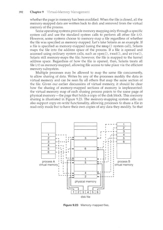 392 Chapter 9
whether the page in memory has been modified. When the file is closed, all the
memory-mapped data are written back to disk and ren"loved from the virtual
memory of the process.
Some operating systems provide memory mapping only through a specific
system call and use the standard system calls to perform all other file I/0.
However, some systems choose to memory-map a file regardless of whether
the file was specified as memory-mapped. Let's take Solaris as an example. If
a file is specified as memory-mapped (using the mmap () system call), Solaris
maps the file into the address space of the process. If a file is opened and
accessed using ordinary system calls, such as open(), read(), and write(),
Solaris still memory-maps the file; however, the file is mapped to the kernel
address space. Regardless of how the file is opened, then, Solaris treats all
file I/0 as memory-mapped, allowing file access to take place via the efficient
memory subsystem.
Multiple processes may be allowed to map the same file concurrently,
to allow sharing of data. Writes by any of the processes modify the data in
virtual memory and can be seen by all others that map the same section of
the file. Given our earlier discussions of virtual memory, it should be clear
how the sharing of memory-mapped sections of memory is implemented:
the virtual memory map of each sharing process points to the same page of
physical memory-the page that holds a copy of the disk block This memory
sharing is illustrated in Figure 9.23. The memory-mapping system calls can
also support copy-on-write functionality, allowing processes to share a file in
read-only mode but to have their own copies of any data they modify. So that
r - - -
I
I I
1 - r - - ;
I I 1- 1
I -1- I-
I I I I I I
J---r' -rL..-r
I I I I
-r-' I I I I
"1 -1 I I 1- _,.. I I
I I I f-+-=-.:.....c.c~..-'---r~-, I I
- .L- "I" J I I
I 1 I
I I I I I I
I I I L_ ~ I
process A 1 1 1
virtual memory: ~ 1 -
disk file
Figure 9.23 Memory-mapped files.
process B
virtual memory
 
