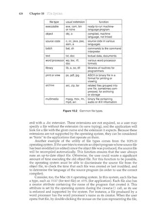 428 Chapter 10
!}:iSnl~1:f'"-~·:,.·j·. ir~i:tJI ~·· .~.: "''' r,~~:r:::~ ·;· ,'u:~rt~tt~~·~..~ •··...·...·.·••·.
:'·'>·~··· :. ':·:•c •··
executable exe, com, bin ready~to-run machine-
or none language program
object obj, o compiled, machine
language, not linked
source code c, cc, java, pas, source code in various
asm, a languages
batch bat, sh commands to the command
interpreter
text txt, doc textual data, documents
wordprocessor wp,tex, rtf, various wordcprocessor
doc formats
library lib, a, so, dll libraries o.troutines for
.programmers
print or view ps, pdf, jpg ASCII or binary file in a
format for printing or
viewing
archive arc, zip, .tar 1·· related files grouped into
.one file,sometimes com-
pressed, for archiving
or storage
multimedia mpeg, mov, rm, binary file containing
mp3, avi audio or A/V information
Figure 10.2 Common file types.
end with a .doc extension. These extensions are not required, so a user may
specify a file without the extension (to save typing), and the application will
look for a file with the given name and the extension it expects. Because these
extensions are not supported by the operating system, they can be considered
as "hints" to the applications that operate on them.
Another example of the utility of file types comes from the TOPS-20
operating system. If the user tries to execute an objectprogramwhose source file
has been modified (or edited) since the object file was produced, the source file
will be recompiled automatically. This function ensures that the user always
runs an up-to-date object file. Otherwise, the user could waste a significant
amount of time executing the old object file. For this function to be possible,
the operating system must be able to discriminate the source file from the
object file, to check the time that each file was created or last modified, and
to determine the language of the source program (in order to use the correct
compiler).
Consider, too, the Mac OS X operating system. In this system, each file has
a type, such as TEXT (for text file) or APPL (for application). Each file also has
a creator attribute containing the name of the program that created it. This
attribute is set by the operating system during the create() call, so its use
is enforced and supported by the system. For instance, a file produced by a
word processor has the word processor's name as its creator. When the user
opens that file, by double-clicking the mouse on the icon representing the file,
 