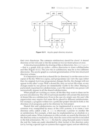 10.3 Directory and Disk Structure 441
Figure 10.11 Acyclic-graph directory structure.
their own directories. The common subdirectory should be shared. A shared
directory or file will exist in the file system in two (or more) places at once.
A tree structure prohibits the sharing offiles or directories. An acyclic graph
-that is, a graph with no cycles-allows directories to share subdirectories
and files (Figure 10.11). The same file or subdirectory may be in two different
directories. The acyclic graph is a natural generalization of the tree-structured
directory scheme.
It is important to note that a shared file (or directory) is not the same as two
copies of the file. With two copies, each programmer can view the copy rather
than the original, but if one programmer changes the file, the changes will not
appear in the other's copy. With a shared file, only one actual file exists, so any
changes made by one person are immediately visible to the other. Sharing is
particularly important for subdirectories; a new file created by one person will
automatically appear in all the shared subdirectories.
When people are working as a team, all the files they want to share can be
put into one directory. The UFD of each team member will contain this directory
of shared files as a subdirectory. Even in the case of a single user, the user's file
organization may require that some file be placed in different subdirectories.
For example, a program written for a particular project should be both in the
directory of all programs and in the directory for that project.
Shared files and subdirectories can be implemented in several ways. A
common way, exemplified by many of the UNIX systems, is to create a new
directory entry called a link. A link is effectively a pointer to another file
or subdirectory. For example, a link may be implemented as an absolute or a
relative path name. When a reference to a file is made, we search the directory. If
the directory entry is marked as a link, then the name of the real file is included
in the link information. We resolve the link by using that path name to locate
the real file. Links are easily identified by their format in the directory entry
(or by having a special type on systems that support types) and are effectively
 