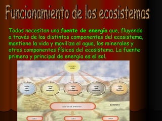 Funcionamiento de los ecosistemas Todos necesitan una  fuente de energía  que, fluyendo a través de los distintos componentes del ecosistema, mantiene la vida y moviliza el agua, los minerales y otros componentes físicos del ecosistema. La fuente primera y principal de energía es el sol.  