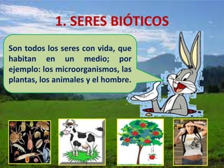 1. SERES BIÓTICOS
Son todos los seres con vida, que
habitan en un medio; por
ejemplo: los microorganismos, las
plantas, los animales y el hombre.