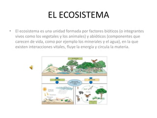 EL ECOSISTEMA
• El ecosistema es una unidad formada por factores bióticos (o integrantes
  vivos como los vegetales y los animales) y abióticos (componentes que
  carecen de vida, como por ejemplo los minerales y el agua), en la que
  existen interacciones vitales, fluye la energía y circula la materia.
 