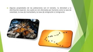  Algunas propiedades de las poblaciones son el tamaño, la densidad y la
distribución espacial, las cuales se ven afectadas por factores como la tasa de
natalidad, la tasa de mortalidad y la tasa de emigración e inmigración.
 