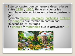  Este concepto, que comenzó a desarrollarse
entre 1920 y 1930, tiene en cuenta las
complejas interacciones entre los organismos
(por
ejemplo plantas, animales, bacterias, protista
s y hongos) que forman la comunidad
(biocenosis) y los flujos
de energía y materiales que la atraviesan.1 3
 