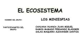 EL ECOSISTEMA
NOMBRE DEL GRUPO: LOS MINIESPIAS
PARTICIPANMTES DEL
GRUPO:
CAHUANA HUANCA JUAN MIGUEL
RAMOS MAMANI FERNANDO BLADIMIR
SALAS MAQUERA ALEXANDER SANTOS
 