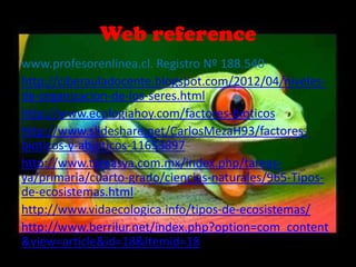 Web reference
www.profesorenlinea.cl. Registro Nº 188.540
http://ciberauladocente.blogspot.com/2012/04/niveles-
de-organizacion-de-los-seres.html
http://www.ecologiahoy.com/factores-bioticos
http://www.slideshare.net/CarlosMezaH93/factores-
bioticos-y-abioticos-11653897
http://www.tareasya.com.mx/index.php/tareas-
ya/primaria/cuarto-grado/ciencias-naturales/965-Tipos-
de-ecosistemas.html
http://www.vidaecologica.info/tipos-de-ecosistemas/
http://www.berrilur.net/index.php?option=com_content
&view=article&id=18&Itemid=18
 