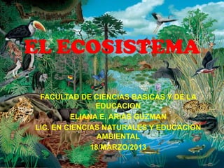 EL ECOSISTEMA

 FACULTAD DE CIENCIAS BASICAS Y DE LA
               EDUCACION
         ELIANA E. ARIAS GUZMAN
LIC. EN CIENCIAS NATURALES Y EDUCACION
                AMBIENTAL
              18/MARZO/2013
 