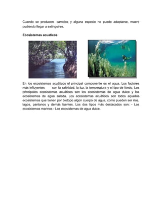 Cuando se producen cambios y alguna especie no puede adaptarse, muere
pudiendo llegar a extinguirse.
Ecosistemas acuaticos:
En los ecosistemas acuáticos el principal componente es el agua. Los factores
más influyentes son la salinidad, la luz, la temperatura y el tipo de fondo. Los
principales ecosistemas acuáticos son los ecosistemas de agua dulce y los
ecosistemas de agua salada. Los ecosistemas acuáticos son todos aquellos
ecosistemas que tienen por biotopo algún cuerpo de agua, como pueden ser ríos,
lagos, pantanos y demás fuentes. Los dos tipos más destacados son: - Los
ecosistemas marinos - Los ecosistemas de agua dulce.
 