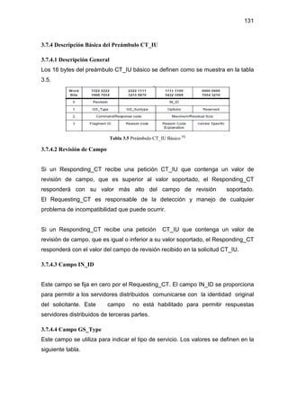 131
3.7.4 Descripción Básica del Preámbulo CT_IU
3.7.4.1 Descripción General
Los 16 bytes del preámbulo CT_IU básico se definen como se muestra en la tabla
3.5.
Tabla 3.5 Preámbulo CT_IU Básico [6]
3.7.4.2 Revisión de Campo
Si un Responding_CT recibe una petición CT_IU que contenga un valor de
revisión de campo, que es superior al valor soportado, el Responding_CT
responderá con su valor más alto del campo de revisión soportado.
El Requesting_CT es responsable de la detección y manejo de cualquier
problema de incompatibilidad que puede ocurrir.
Si un Responding_CT recibe una petición CT_IU que contenga un valor de
revisión de campo, que es igual o inferior a su valor soportado, el Responding_CT
responderá con el valor del campo de revisión recibido en la solicitud CT_IU.
3.7.4.3 Campo IN_ID
Este campo se fija en cero por el Requesting_CT. El campo IN_ID se proporciona
para permitir a los servidores distribuidos comunicarse con la identidad original
del solicitante. Este campo no está habilitado para permitir respuestas
servidores distribuidos de terceras partes.
3.7.4.4 Campo GS_Type
Este campo se utiliza para indicar el tipo de servicio. Los valores se definen en la
siguiente tabla.
 