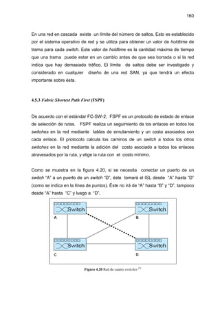 160
En una red en cascada existe un límite del número de saltos. Esto es establecido
por el sistema operativo de red y se utiliza para obtener un valor de holdtime de
trama para cada switch. Este valor de holdtime es la cantidad máxima de tiempo
que una trama puede estar en un cambio antes de que sea borrada o si la red
indica que hay demasiado tráfico. El límite de saltos debe ser investigado y
considerado en cualquier diseño de una red SAN, ya que tendrá un efecto
importante sobre ésta.
4.5.3 Fabric Shortest Path First (FSPF)
De acuerdo con el estándar FC-SW-2, FSPF es un protocolo de estado de enlace
de selección de rutas. FSPF realiza un seguimiento de los enlaces en todos los
switches en la red mediante tablas de enrutamiento y un costo asociados con
cada enlace. El protocolo calcula los caminos de un switch a todos los otros
switches en la red mediante la adición del costo asociado a todos los enlaces
atravesados por la ruta, y elige la ruta con el costo mínimo.
Como se muestra en la figura 4.20, si se necesita conectar un puerto de un
switch “A” a un puerto de un switch “D”, éste tomará el ISL desde “A” hasta “D”
(como se indica en la línea de puntos). Éste no irá de “A” hasta “B” y “D”, tampoco
desde “A” hasta “C” y luego a “D”.
Figura 4.20 Red de cuatro switches [7]
 