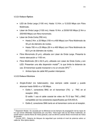 11
1.3.2.1 Enlaces Ópticos
• LED de Onda Larga (1100 nm). Hasta 1.5 Km. a 12.5/25 Mbps con Fibra
Multimodo.
• Láser de Onda Larga (1100 nm). Hasta 10 Km. a 25/50/100 Mbps (2 Km a
200/400 Mbps) con fibra monomodo.
• Láser de Onda Corta (780 nm).
Hasta 2 Km. a 25 Mbps (150 m a 400 Mbps) con Fibra Multimodo de
50 µm de diámetro de núcleo.
Hasta 700 m a 25 Mbps (50 m a 400 Mbps) con Fibra Multimodo de
62.5 µm de diámetro de núcleo.
• Fibra Monomodo (9 µm), utilizada con Láser de Onda Larga. Presenta la
menor atenuación a 1100 nm.
• Fibra Multimodo (50 ó 62.5 µm), utilizada con Láser de Onda Corta y con
LED. Presentan una alta dispersión modal10
, lo que limita la distancia de
uso. El transmisor puede incorporar o no un circuito OFC11
:
Ambos tipos de cable NO pueden interoperar.
1.3.2.2 Enlaces Eléctricos
• Single-Ended (no balanceado). Usa siempre cable coaxial y puede
alcanzar hasta 50/60 m a 100 Mbps.
Estilo-1, conectores BNC en el transmisor (TX) y TNC en el
receptor (RX).
El estilo 1 usa el cable coaxial de video de 75 tipo TNC y BNC
compatible con los conectores especificados por EIA-403-A.
Estilo-2, conectores SMA tanto en el transmisor como en el receptor.
10
Dispersión Modal.- Es causada por la diferencia en los tiempos de propagación de los rayos de
luz que toman diferentes trayectorias por una fibra. Tiene lugar solo en las fibras multimodo, se
puede reducir usando fibras de índice gradual y casi se elimina usando fibras monomodo de índice
de escalón.
11
Circuito OFC.- Sistema de bloqueo de seguridad que controla el nivel de potencia sobre un
cable de fibra óptica abierto.
 