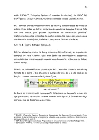 14
están ESCON13
(Enterprise Systems Connection Architecture), de IBM's®
FC,
SSA14
(Serial Storage Architecture), también enlaces ópticos Gigabit Ethernet.
FC-1 también provee protocolos de nivel de enlace y características de control de
enlace. Entre éstas se definen conjuntos de caracteres llamados Ordered Sets,
que son usados para proveer capacidades de señalización primitiva15
implementados en los protocolos de nivel de enlace, los cuales son usados para
administrar el enlace (reset, inicializado y reporte de fallas en el enlace).
1.3.4 FC-2 - Control de Flujo y Entramado
FC-2 es el nivel de control de flujo y entramado Fibre Channel y es la parte más
compleja de Fibre Channel. Este nivel define las construcciones específicas,
procedimientos, operaciones del mecanismo de transporte, entramado de datos y
control de flujo.
Usando los datos codificados provistos por FC-1, este nivel provee la estructura y
formato de la trama Fibre Channel, la cual puede tener de 9 a 536 palabras de
longitud como se muestra en la siguiente figura.
Figura 1.3 Trama FC [2]
La trama es el componente más pequeño del proceso de transporte y éstas son
agrupadas como secuencias, como se muestra en la figura 1.4. Si una trama llega
corrupta, ésta es descartada y reenviada.
13
ESCON (Enterprise System Connections, Conexiones de Sistemas Empresariales).- Es un
protocolo de transmisión serial unidireccional utilizado para conectar mainframes dinámicamente
con sus unidades de control.
14
SSA (Serial Storage Architecture).- Arquitectura de almacenamiento serial diseñada por IBM.
15
Señalización Primitiva.- Señales utilizadas para administrar el enlace.
 