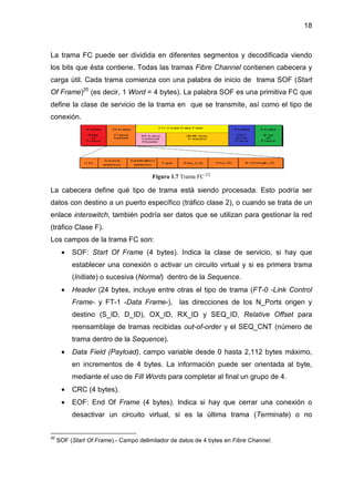 18
La trama FC puede ser dividida en diferentes segmentos y decodificada viendo
los bits que ésta contiene. Todas las tramas Fibre Channel contienen cabecera y
carga útil. Cada trama comienza con una palabra de inicio de trama SOF (Start
Of Frame)20
(es decir, 1 Word = 4 bytes). La palabra SOF es una primitiva FC que
define la clase de servicio de la trama en que se transmite, así como el tipo de
conexión.
Figura 1.7 Trama FC [2]
La cabecera define qué tipo de trama está siendo procesada. Esto podría ser
datos con destino a un puerto específico (tráfico clase 2), o cuando se trata de un
enlace interswitch, también podría ser datos que se utilizan para gestionar la red
(tráfico Clase F).
Los campos de la trama FC son:
• SOF: Start Of Frame (4 bytes). Indica la clase de servicio, si hay que
establecer una conexión o activar un circuito virtual y si es primera trama
(Initiate) o sucesiva (Normal) dentro de la Sequence.
• Header (24 bytes, incluye entre otras el tipo de trama (FT-0 -Link Control
Frame- y FT-1 -Data Frame-), las direcciones de los N_Ports origen y
destino (S_ID, D_ID), OX_ID, RX_ID y SEQ_ID, Relative Offset para
reensamblaje de tramas recibidas out-of-order y el SEQ_CNT (número de
trama dentro de la Sequence).
• Data Field (Payload), campo variable desde 0 hasta 2,112 bytes máximo,
en incrementos de 4 bytes. La información puede ser orientada al byte,
mediante el uso de Fill Words para completar al final un grupo de 4.
• CRC (4 bytes).
• EOF: End Of Frame (4 bytes). Indica si hay que cerrar una conexión o
desactivar un circuito virtual, si es la última trama (Terminate) o no
20
SOF (Start Of Frame).- Campo delimitador de datos de 4 bytes en Fibre Channel.
 