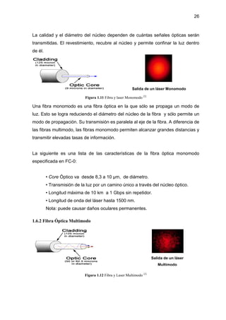26
La calidad y el diámetro del núcleo dependen de cuántas señales ópticas serán
transmitidas. El revestimiento, recubre al núcleo y permite confinar la luz dentro
de él.
Figura 1.11 Fibra y laser Monomodo [2]
Una fibra monomodo es una fibra óptica en la que sólo se propaga un modo de
luz. Esto se logra reduciendo el diámetro del núcleo de la fibra y sólo permite un
modo de propagación. Su transmisión es paralela al eje de la fibra. A diferencia de
las fibras multimodo, las fibras monomodo permiten alcanzar grandes distancias y
transmitir elevadas tasas de información.
La siguiente es una lista de las características de la fibra óptica monomodo
especificada en FC-0:
• Core Óptico va desde 8,3 a 10 µm, de diámetro.
• Transmisión de la luz por un camino único a través del núcleo óptico.
• Longitud máxima de 10 km a 1 Gbps sin repetidor.
• Longitud de onda del láser hasta 1500 nm.
Nota: puede causar daños oculares permanentes.
1.6.2 Fibra Óptica Multimodo
Figura 1.12 Fibra y Laser Multimodo [2]
Salida de un láser
Multimodo
Salida de un láser Monomodo
 