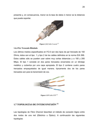 29
presenta y, en consecuencia, menor es la tasa de datos ó menor es la distancia
que puede soportar.
Figura 1.14 Cable Coaxial [2]
1.6.4 Par Trenzado Blindado
Los últimos medios especificados en FC-0 son dos tipos de par trenzado de 150
Ohms; éstos son el tipo 1 y tipo 2 de los cables definidos en la norma EIA 568.
Estos cables sólo se pueden usar sobre muy cortas distancias y a 100 y 200
Mbps. El tipo 1 consiste en dos pares trenzados encerrados en un blindaje
metálico y cubiertos por una capa apropiada. El tipo 2 contiene cuatro pares
trenzados empaquetados de igual manera; típicamente dos de los pares
trenzados son para la transmisión de voz.
Figura 1.15 Cable STP [2]
1.7 TOPOLOGÍAS DE INTERCONEXIÓN [2]
Las topologías de Fibre Channel describen el método de conexión lógico entre
dos nodos de una red (Eléctrico u Óptico). A continuación las siguientes
topologías:
 
