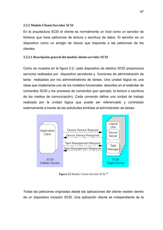 47
2.2.2 Modelo Cliente/Servidor SCSI
En la arquitectura SCSI el cliente es normalmente un host como un servidor de
ficheros que hace peticiones de lectura o escritura de datos. El servidor es un
dispositivo como un arreglo de discos que responde a las peticiones de los
clientes.
2.2.2.1 Descripción general del modelo cliente-servidor SCSI
Como se muestra en la figura 2.2, cada dispositivo de destino SCSI proporciona
servicios realizados por dispositivo servidores y funciones de administración de
tarea realizadas por los administradores de tareas. Una unidad lógica es una
clase que implementa uno de los modelos funcionales descritos en el estándar de
comandos SCSI y los procesos de comandos (por ejemplo, la lectura o escritura
de los medios de comunicación). Cada comando define una unidad de trabajo
realizada por la unidad lógica que puede ser referenciado y controlado
externamente a través de las solicitudes emitidas al administrador de tareas.
Figura 2.2 Modelo Cliente Servidor SCSI [4]
Todas las peticiones originadas desde las aplicaciones del cliente residen dentro
de un dispositivo iniciador SCSI. Una aplicación cliente es independiente de la
 