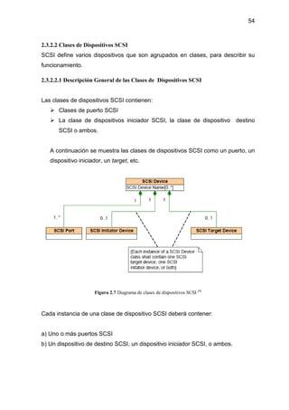 54
2.3.2.2 Clases de Dispositivos SCSI
SCSI define varios dispositivos que son agrupados en clases, para describir su
funcionamiento.
2.3.2.2.1 Descripción General de las Clases de Dispositivos SCSI
Las clases de dispositivos SCSI contienen:
Clases de puerto SCSI
La clase de dispositivos iniciador SCSI, la clase de dispositivo destino
SCSI o ambos.
A continuación se muestra las clases de dispositivos SCSI como un puerto, un
dispositivo iniciador, un target, etc.
Figura 2.7 Diagrama de clases de dispositivos SCSI [4]
Cada instancia de una clase de dispositivo SCSI deberá contener:
a) Uno o más puertos SCSI
b) Un dispositivo de destino SCSI, un dispositivo iniciador SCSI, o ambos.
 