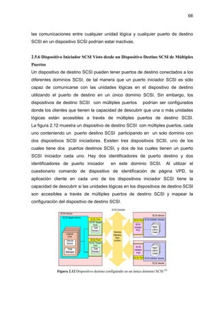 66
las comunicaciones entre cualquier unidad lógica y cualquier puerto de destino
SCSI en un dispositivo SCSI podrían estar inactivas.
2.5.6 Dispositivo Iniciador SCSI Visto desde un Dispositivo Destino SCSI de Múltiples
Puertos
Un dispositivo de destino SCSI pueden tener puertos de destino conectados a los
diferentes dominios SCSI, de tal manera que un puerto iniciador SCSI es sólo
capaz de comunicarse con las unidades lógicas en el dispositivo de destino
utilizando el puerto de destino en un único dominio SCSI. Sin embargo, los
dispositivos de destino SCSI con múltiples puertos podrían ser configurados
donde los clientes que tienen la capacidad de descubrir que una o más unidades
lógicas están accesibles a través de múltiples puertos de destino SCSI.
La figura 2.12 muestra un dispositivo de destino SCSI con múltiples puertos, cada
uno conteniendo un puerto destino SCSI participando en un solo dominio con
dos dispositivos SCSI iniciadores. Existen tres dispositivos SCSI, uno de los
cuales tiene dos puertos destinos SCSI, y dos de los cuales tienen un puerto
SCSI iniciador cada uno. Hay dos identificadores de puerto destino y dos
identificadores de puerto iniciador en este dominio SCSI. Al utilizar el
cuestionario comando de dispositivo de identificación de página VPD, la
aplicación cliente en cada uno de los dispositivos iniciador SCSI tiene la
capacidad de descubrir si las unidades lógicas en los dispositivos de destino SCSI
son accesibles a través de múltiples puertos de destino SCSI y mapear la
configuración del dispositivo de destino SCSI.
Figura 2.12 Dispositivo destino configurado en un único dominio SCSI [4]
 