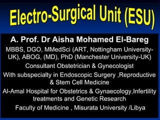 A. Prof. Dr Aisha Mohamed El-Bareg
MBBS, DGO, MMedSci (ART, Nottingham University-
UK), ABOG, (MD), PhD (Manchester University-UK)
Consultant Obstetrician & Gynecologist
With subspecialty in Endoscopic Surgery ,Reproductive
& Stem Cell Medicine
Al-Amal Hospital for Obstetrics & Gynaecology,Infertility
treatments and Genetic Research
Faculty of Medicine , Misurata University /Libya
 