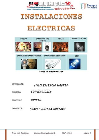 Área: Inst. Eléctricas Alumno: Livisi Valencia G. AQP - 2014 página 1
TIPOS DE ILIUMINACION
ESTUDIANTE:
CARRERA:
SEMESTRE:
EXPOSITOR:
 