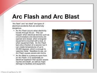 © Business & Legal Reports, Inc. 0605
Image Credit: OSHAImage Credit: OSHA
Arc Flash and Arc Blast
“Arc flash” and “arc blast” are types of
electrical accidents that are extremely
dangerous.
• An Arc Flash occurs when electricity
travels through the air. This can
happen when electrical devices such as
circuit breakers and disconnects are
opened and closed, when energized
equipment is touched with a tool, or
when equipment fails. An Arc Flash
last only a fraction of a second, but it
can create temperatures of up to
35,000 degrees, which is enough to
vaporize metal. Needless to say, an
Arc Flash causes severe skin burns.
• An Arc Blast is a pressure wave from
an Arc Flash—it is essentially an
electrical explosion that causes severe
injuries and death, as well as major
damage to facilities and equipment.
 