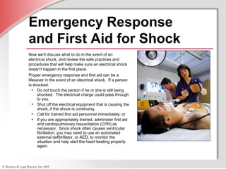 © Business & Legal Reports, Inc. 0605
Emergency Response
and First Aid for Shock
Now we’ll discuss what to do in the event of an
electrical shock, and review the safe practices and
procedures that will help make sure an electrical shock
doesn’t happen in the first place.
Proper emergency response and first aid can be a
lifesaver in the event of an electrical shock. If a person
is shocked:
• Do not touch the person if he or she is still being
shocked. The electrical charge could pass through
to you.
• Shut off the electrical equipment that is causing the
shock, if the shock is continuing.
• Call for trained first aid personnel immediately; or
• If you are appropriately trained, administer first aid
and cardiopulmonary resuscitation (CPR) as
necessary. Since shock often causes ventricular
fibrillation, you may need to use an automated
external defibrillator, or AED, to monitor the
situation and help start the heart beating properly
again.
 
