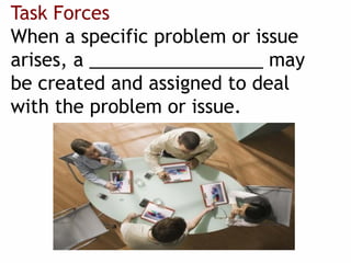 Task Forces
When a specific problem or issue
arises, a _________________ may
be created and assigned to deal
with the problem or issue.
 