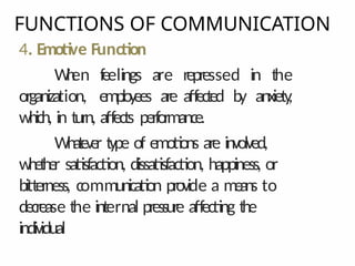 FUNCTIONS OF COMMUNICATION
4. Emotive Function
W
h
en feelings are repressed in the
organization, employees are affected by anxiety
,
which, in turn, affects performance.
Whatever type of emotions are involved,
whether satisfaction, dissatisfaction, happiness, or
bitterness, communication provide a means to
decrease the internal pressure affecting the
individual
 