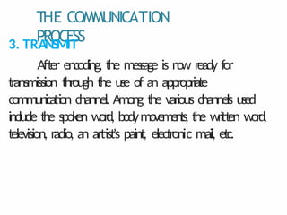 THE COMMUNICATION
PROCESS
3. TRANSMIT
After encoding, the message is n
o
w ready for
transmission through the use of an appropriate
communication channel. Among the various channels used
include the spoken word, bodymovements, the written word,
television, radio, an artist's paint, electronic mail, etc.
 