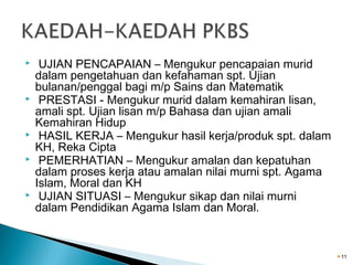 








UJIAN PENCAPAIAN – Mengukur pencapaian murid
dalam pengetahuan dan kefahaman spt. Ujian
bulanan/penggal bagi m/p Sains dan Matematik
PRESTASI - Mengukur murid dalam kemahiran lisan,
amali spt. Ujian lisan m/p Bahasa dan ujian amali
Kemahiran Hidup
HASIL KERJA – Mengukur hasil kerja/produk spt. dalam
KH, Reka Cipta
PEMERHATIAN – Mengukur amalan dan kepatuhan
dalam proses kerja atau amalan nilai murni spt. Agama
Islam, Moral dan KH
UJIAN SITUASI – Mengukur sikap dan nilai murni
dalam Pendidikan Agama Islam dan Moral.

11

 