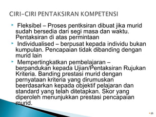 Fleksibel – Proses pentksiran dibuat jika murid
sudah bersedia dari segi masa dan waktu.
Pentaksiran di atas permintaan
 Individualised – berpusat kepada individu bukan
kumpulan. Pencapaian tidak dibanding dengan
murid lain
 Mempertingkatkan pembelajaran –
berpandukan kepada Ujian/Pentaksiran Rujukan
Kriteria. Banding prestasi murid dengan
pernyataan kriteria yang dirumuskan
beerdasarkan kepada objektif pelajaran dan
standard yang telah ditetapkan. Skor yang
diperoleh menunjukkan prestasi pencapaian
murid.


25

 