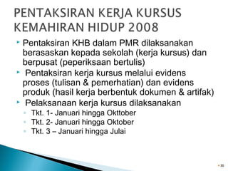 Pentaksiran KHB dalam PMR dilaksanakan
berasaskan kepada sekolah (kerja kursus) dan
berpusat (peperiksaan bertulis)
 Pentaksiran kerja kursus melalui evidens
proses (tulisan & pemerhatian) dan evidens
produk (hasil kerja berbentuk dokumen & artifak)
 Pelaksanaan kerja kursus dilaksanakan


◦ Tkt. 1- Januari hingga Okttober
◦ Tkt. 2- Januari hingga Oktober
◦ Tkt. 3 – Januari hingga Julai

30

 