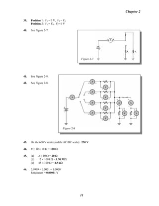 Chapter 2
39. Position 1: V1 = 0 V, V2 = VS
Position 2: V1 = VS, V2= 0 V
40. See Figure 2-7.
Figure 2-7
41. See Figure 2-8.
Figure 2-8
42. See Figure 2-8.
43. On the 600 V scale (middle AC/DC scale): 250 V
44. R = 10 × 10 Ω = 100 Ω
45. (a) 2 × 10 Ω = 20 Ω
(b) 15 × 100 kΩ = 1.50 MΩ
(c) 45 × 100 Ω = 4.5 kΩ
46. 0.9999 + 0.0001 = 1.0000
Resolution = 0.00001 V
11
 