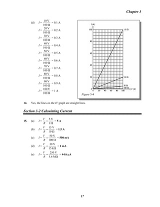 Chapter 3
(d) I =
Ω100
V10
= 0.1 A
Figure 3-4
I =
Ω100
V20
= 0.2 A
I =
Ω100
V30
= 0.3 A
I =
Ω100
V40
= 0.4 A
I =
Ω100
V50
= 0.5 A
I =
Ω100
V60
= 0.6 A
I =
Ω100
V70
= 0.7 A
I =
Ω100
V80
= 0.8 A
I =
Ω100
V90
= 0.9 A
I =
Ω100
V100
= 1 A
14. Yes, the lines on the IV graph are straight lines.
Section 3-2 Calculating Current
15. (a) I =
Ω
=
1
V5
R
V
= 5 A
(b) I =
Ω
=
10
V15
R
V
= 1.5 A
(c) I =
Ω
=
100
V50
R
V
= 500 mA
(d) I =
Ω
=
k15
V30
R
V
= 2 mA
(e) I =
Ω
=
M6.5
V250
R
V
= 44.6 μA
17
 