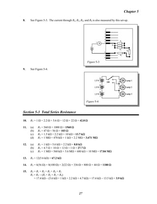 Chapter 5
8. See Figure 5-3. The current through R2, R3, R4, and R9 is also measured by this set-up.
Figure 5-3
9. See Figure 5-4.
Figure 5-4
Section 5-3 Total Series Resistance
10. RT = 1 Ω + 2.2 Ω + 5.6 Ω + 12 Ω + 22 Ω = 42.8 Ω
11. (a) RT = 560 Ω + 1000 Ω = 1560 Ω
(b) RT = 47 Ω + 56 Ω = 103 Ω
(c) RT = 1.5 kΩ + 2.2 kΩ + 10 kΩ = 13.7 kΩ
(d) RT = 1 MΩ + 470 kΩ + 1 kΩ + 2.2 MΩ = 3.671 MΩ
12. (a) RT = 1 kΩ + 5.6 kΩ + 2.2 kΩ = 8.8 kΩ
(b) RT = 4.7 Ω + 10 Ω + 12 Ω + 1 Ω = 27.7 Ω
(c) RT = 1 MΩ + 560 kΩ + 5.6 MΩ + 680 kΩ + 10 MΩ = 17.84 MΩ
13. RT = 12(5.6 kΩ) = 67.2 kΩ
14. RT = 6(56 Ω) + 8(100 Ω) + 2(22 Ω) = 336 Ω + 800 Ω + 44 Ω = 1180 Ω
15. RT = R1 + R2 + R3 + R4 + R5
R5 = RT − (R1 + R2 + R3 + R4)
= 17.4 kΩ − (5.6 kΩ + 1 kΩ + 2.2 kΩ + 4.7 kΩ) = 17.4 kΩ − 13.5 kΩ = 3.9 kΩ
27
 