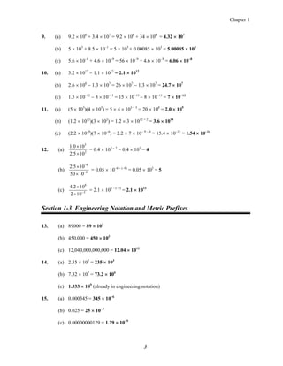 Chapter 1
9. (a) 9.2 × 106
+ 3.4 × 107
= 9.2 × 106
+ 34 × 106
= 4.32 × 107
(b) 5 × 103
+ 8.5 × 10−1
= 5 × 103
+ 0.00085 × 103
= 5.00085 × 103
(c) 5.6 × 10−8
+ 4.6 × 10−9
= 56 × 10−9
+ 4.6 × 10−9
= 6.06 × 10−8
10. (a) 3.2 × 1012
− 1.1 × 1012
= 2.1 × 1012
(b) 2.6 × 108
− 1.3 × 107
= 26 × 107
− 1.3 × 107
= 24.7 × 107
(c) 1.5 × 10−12
− 8 × 10−13
= 15 × 10−13
− 8 × 10−13
= 7 × 10−13
11. (a) (5 × 103
)(4 × 105
) = 5 × 4 × 103 + 5
= 20 × 108
= 2.0 × 109
(b) (1.2 × 1012
)(3 × 102
) = 1.2 × 3 × 1012 + 2
= 3.6 × 1014
(c) (2.2 × 10−9
)(7 × 10−6
) = 2.2 × 7 × 10− 9 − 6
= 15.4 × 10−15
= 1.54 × 10−14
12. (a) 2
3
105.2
100.1
×
×
= 0.4 × 103 − 2
= 0.4 × 101
= 4
(b) 8
6
1050
105.2
−
−
×
×
= 0.05 × 10−6 − (−8)
= 0.05 × 102
= 5
(c) 5
8
102
102.4
−
×
×
= 2.1 × 108 − (−5)
= 2.1 × 1013
Section 1-3 Engineering Notation and Metric Prefixes
13. (a) 89000 = 89 × 103
(b) 450,000 = 450 × 103
(c) 12,040,000,000,000 = 12.04 × 1012
14. (a) 2.35 × 105
= 235 × 103
(b) 7.32 × 107
= 73.2 × 106
(c) 1.333 × 109
(already in engineering notation)
15. (a) 0.000345 = 345 × 10−6
(b) 0.025 = 25 × 10−3
(c) 0.00000000129 = 1.29 × 10−9
3
 