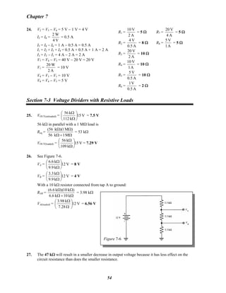 Chapter 7
24. V2 = V5 − V6 = 5 V − 1 V = 4 V
R1 =
A2
V10
= 5 Ω R7 =
A4
V20
= 5 Ω
I2 = I6 =
V4
W2
= 0.5 A
R2 =
A0.5
V4
= 8 Ω R8 =
A1
V5
= 5 Ω
I5 = I8 − I6 = 1 A − 0.5 A = 0.5 A
I1 = I2 + I5 + I4 = 0.5 A + 0.5 A + 1 A = 2 A
R3 =
A2
V20
= 10 ΩI3 = IT − I1 = 4 A − 2 A = 2 A
V7 = VS − V3 = 40 V − 20 V = 20 V
R4 =
A1
V10
= 10 Ω
V1 =
A2
W20
= 10 V
R5 =
A0.5
V5
= 10 ΩV4 = V3 − V1 = 10 V
V8 = V4 − V5 = 5 V
R6 =
A0.5
V1
= 2 Ω
Section 7-3 Voltage Dividers with Resistive Loads
25. VOUT(unloaded) = V15
k112
k56
⎟
⎠
⎞
⎜
⎝
⎛
Ω
Ω
= 7.5 V
56 kΩ in parallel with a 1 MΩ load is
Req =
Ω+Ω
ΩΩ
M1k56
)M1)(k(56
= 53 kΩ
VOUT(loaded) = V15
k109
k56
⎟
⎠
⎞
⎜
⎝
⎛
Ω
Ω
= 7.29 V
26. See Figure 7-6.
VA = V12
k9.9
k6.6
⎟
⎠
⎞
⎜
⎝
⎛
Ω
Ω
= 8 V
VB =B V12
k9.9
k3.3
⎟
⎠
⎞
⎜
⎝
⎛
Ω
Ω
= 4 V
With a 10 kΩ resistor connected from tap A to ground:
RAB =
Ω+Ω
ΩΩ
k10k6.6
)k10)(k6.6(
= 3.98 kΩ
Figure 7-6
VA(loaded) = V12
28.7
k98.3
⎟
⎠
⎞
⎜
⎝
⎛
Ω
Ω
= 6.56 V
27. The 47 kΩ will result in a smaller decrease in output voltage because it has less effect on the
circuit resistance than does the smaller resistance.
54
 