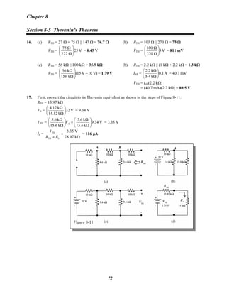Chapter 8
Section 8-5 Thevenin’s Theorem
16. (a) RTH = 27 Ω + 75 Ω || 147 Ω = 76.7 Ω (b) RTH = 100 Ω || 270 Ω = 73 Ω
VTH = V25
222
75
⎟⎟
⎠
⎞
⎜⎜
⎝
⎛
Ω
Ω
= 8.45 V VTH = V3
370
100
⎟⎟
⎠
⎞
⎜⎜
⎝
⎛
Ω
Ω
= 811 mV
(c) RTH = 56 kΩ || 100 kΩ = 35.9 kΩ (b) RTH = 2.2 kΩ || (1 kΩ + 2.2 kΩ = 1.3 kΩ
VTH = V)10V(15
k156
k56
−⎟⎟
⎠
⎞
⎜⎜
⎝
⎛
Ω
Ω
= 1.79 V IAB = A0.1
k4.5
k2.2
⎟
⎠
⎞
⎜
⎝
⎛
Ω
Ω
= 40.7 mV
VTH = IAB(2.2 kΩ)
= (40.7 mA)(2.2 kΩ) = 89.5 V
17. First, convert the circuit to its Thevenin equivalent as shown in the steps of Figure 8-11.
RTH = 13.97 kΩ
VA = V32
k12.14
k4.12
⎟
⎠
⎞
⎜
⎝
⎛
Ω
Ω
= 9.34 V
VTH = V9.34
k6.15
k5.6
k6.15
k5.6
⎟
⎠
⎞
⎜
⎝
⎛
Ω
Ω
=⎟
⎠
⎞
⎜
⎝
⎛
Ω
Ω
AV = 3.35 V
IL = TH
TH
3.35 V
28.97 kL
V
R R
=
+ Ω
= 116 μA
Figure 8-11
72
 