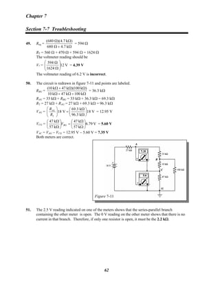 Chapter 7
Section 7-7 Troubleshooting
49. Req =
Ω+Ω
ΩΩ
k7.4680
)k4.7)(680(
= 594 Ω
RT = 560 Ω + 470 Ω + 594 Ω = 1624 Ω
The voltmeter reading should be
V? = V12
1624
594
⎟⎟
⎠
⎞
⎜⎜
⎝
⎛
Ω
Ω
= 4.39 V
The voltmeter reading of 6.2 V is incorrect.
50. The circuit is redrawn in figure 7-11 and points are labeled.
RBG =
Ω+Ω+Ω
ΩΩ+Ω
k100k47k10
)k100)(k47k10(
= 36.3 kΩ
RAG = 33 kΩ + RBG = 33 kΩ + 36.3 kΩ = 69.3 kΩ
RT = 27 kΩ + RAG = 27 kΩ + 69.3 kΩ = 96.3 kΩ
VAG =
T
69.3 k
18 V 18 V
96.3 k
AGR
R
⎛ ⎞ Ω⎛ ⎞
=⎜ ⎟ ⎜ ⎟
Ω⎝ ⎠⎝ ⎠
= 12.95 V
VCG = V6.79
k57
k47
k57
k47
⎟
⎠
⎞
⎜
⎝
⎛
Ω
Ω
=⎟
⎠
⎞
⎜
⎝
⎛
Ω
Ω
BGV = 5.60 V
VAC = VAG − VCG = 12.95 V − 5.60 V = 7.35 V
Both meters are correct.
Figure 7-11
51. The 2.5 V reading indicated on one of the meters shows that the series-parallel branch
containing the other meter is open. The 0 V reading on the other meter shows that there is no
current in that branch. Therefore, if only one resistor is open, it must be the 2.2 kΩ.
62
 