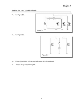 Chapter 2
Section 2-6 The Electric Circuit
Figure 2-1
31. See Figure 2-1.
32. See Figure 2-2.
Figure 2-2
33. Circuit (b) in Figure 2-69 can have both lamps on at the same time.
34. There is always current through R5.
9
 