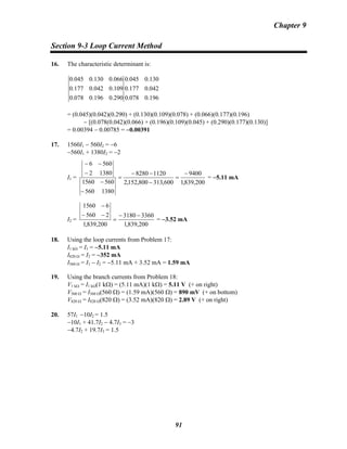 Chapter 9
Section 9-3 Loop Current Method
16. The characteristic determinant is:
0.045 0.130 0.066 0.045 0.130
0.177 0.042 0.109 0.177 0.042
0.078 0.196 0.290 0.078 0.196
= (0.045)(0.042)(0.290) + (0.130)(0.109)(0.078) + (0.066)(0.177)(0.196)
− [(0.078(0.042)(0.066) + (0.196)(0.109)(0.045) + (0.290)(0.177)(0.130)]
= 0.00394 − 0.00785 = −0.00391
17. 1560I1 − 560I2 = −6
−560I1 + 1380I2 = −2
I1 =
200,839,1
9400
600,313800,152,2
11208280
1380560
5601560
13802
5606
−
=
−
−−
=
−
−
−
−−
= −5.11 mA
I2 =
200,839,1
33603180
200,839,1
2560
61560
−−
=
−−
−
= −3.52 mA
18. Using the loop currents from Problem 17:
I1 kΩ = I1 = −5.11 mA
I820 Ω = I2 = −352 mA
I560 Ω = I1 − I2 = −5.11 mA + 3.52 mA = 1.59 mA
19. Using the branch currents from Problem 18:
V1 kΩ = I1 kΩ(1 kΩ) = (5.11 mA)(1 kΩ) = 5.11 V (+ on right)
V560 Ω = I560 Ω(560 Ω) = (1.59 mA)(560 Ω) = 890 mV (+ on bottom)
V820 Ω = I820 Ω(820 Ω) = (3.52 mA)(820 Ω) = 2.89 V (+ on right)
20. 57I1 −10I2 = 1.5
−10I1 + 41.7I2 − 4.7I3 = −3
−4.7I2 + 19.7I3 = 1.5
91
 