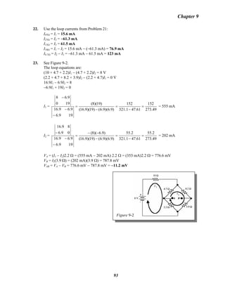 Chapter 9
22. Use the loop currents from Problem 21:
I47Ω = I1 = 15.6 mA
I27Ω = I2 = −61.3 mA
I15Ω = I3 = 61.5 mA
I10Ω = I1 − I2 = 15.6 mA − (−61.3 mA) = 76.9 mA
I4.7Ω = I2 − I3 = −61.3 mA − 61.5 mA = 123 mA
23. See Figure 9-2.
The loop equations are:
(10 + 4.7 + 2.2)I1 − (4.7 + 2.2)I2 = 8 V
(2.2 + 4.7 + 8.2 + 3.9)I2 − (2.2 + 4.7)I1 = 0 V
16.9I1 − 6.9I2 = 8
−6.9I1 + 19I2 = 0
I1 =
49.273
152
61.471.321
152
)9.6)(9.6()19)(9.16(
)19)(8(
199.6
9.69.16
190
9.68
=
−
=
−
=
−
−
−
= 555 mA
I2 =
49.273
2.55
61.471.321
2.55
)9.6)(9.6()19)(9.16(
)9.6)(8(
199.6
9.69.16
09.6
89.16
=
−
=
−
−−
=
−
−
−
= 202 mA
VA = (I1 − I2)2.2 Ω = (555 mA − 202 mA) 2.2 Ω = (353 mA)2.2 Ω = 776.6 mV
VB = IB
2(3.9 Ω) = (202 mA)(3.9 Ω) = 787.8 mV
VAB = VA − VB = 776.6 mV − 787.8 mV = −11.2 mVB
Figure 9-2
93
 