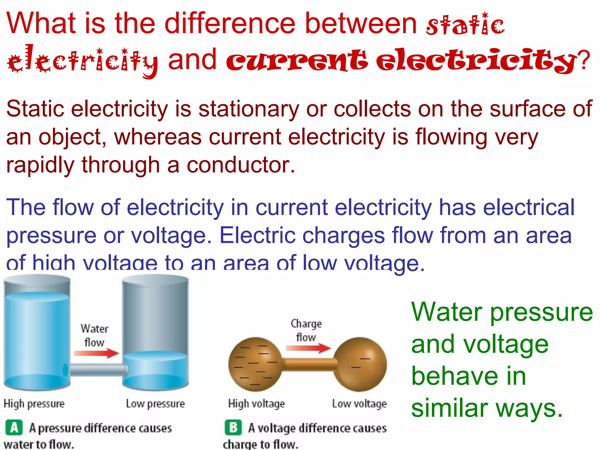 What is the difference between  static   electricity  and  current   electricity ? Static electricity is stationary or collects on the surface of an object, whereas current electricity is flowing very rapidly through a conductor. The flow of electricity in current electricity has electrical pressure or voltage. Electric charges flow from an area of high voltage to an area of low voltage. Water pressure and voltage behave in similar ways. 