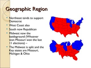 Geographic Region Northeast tends to support Democrat West Coast also South now Republican Midwest now the battleground (Whoever won Missouri won the last 11 elections) – The Midwest is split and the Key states are Missouri, Michigan & Ohio 