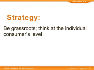Be grassroots; think at the individual consumer’s level Strategy: 