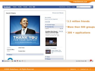 3.3 million friends More than 500 groups 300 + applications 