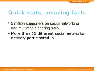 Quick stats, amazing facts 5 million supporters on social networking and multimedia sharing sites.   More than 15 different social networks actively participated in 
